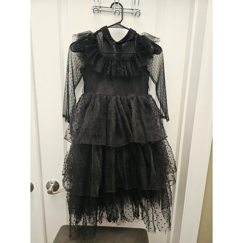 ​Sunny Fashion Girls Wednesday Size 8 Black Polka Dot Mesh Tiered Ruffle Party